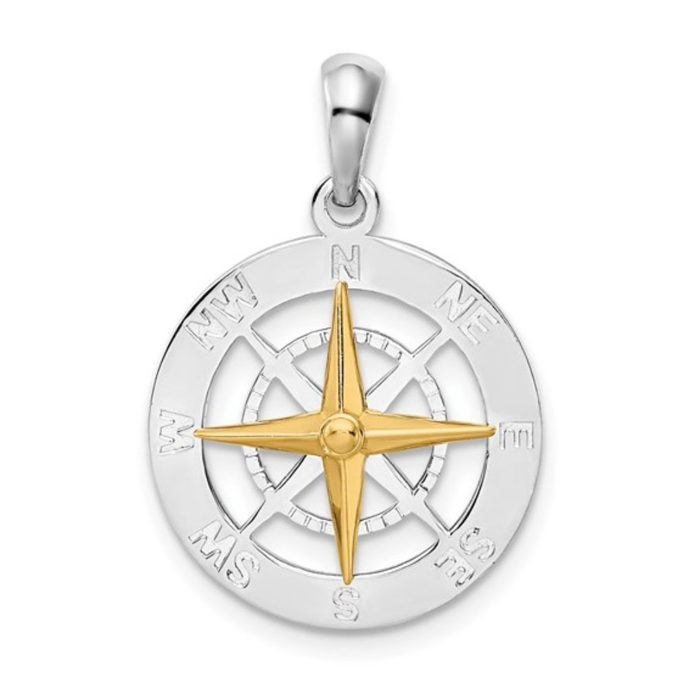 925 Sterling Silver Polished Small Compass with 14k Gold Needle Necklace Pendant